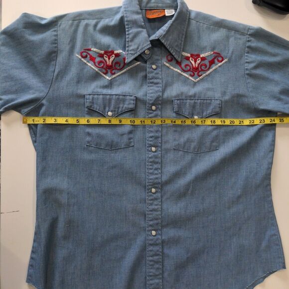 VTG Westerner Mens Denim Button Up LS Shirt Size XL Blue Embroidered Bull Rodeo - Picture 11 of 13